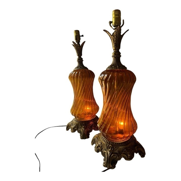 VTG Mid Century Falkenstein Amber Glass Regency brass large set of table lamps - Picture 2 of 16